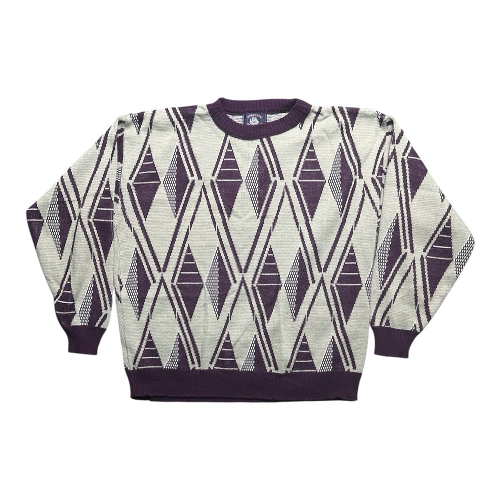 VTG Aspetuck Trading Co Aztec Knit Crew Sweater Maroon‎ Tan Long Sleeve Men's L